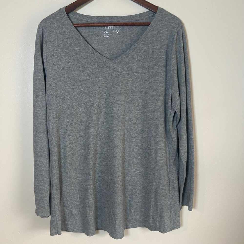 Terra & Sky T-Shirt Womens 0X 14W Grey Heather V-Neck Long Sleeve Relaxed Tee
